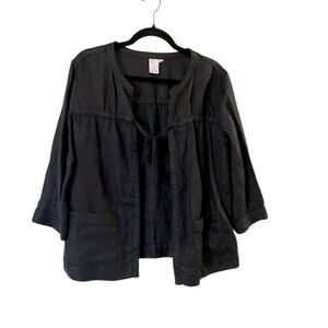 NWT JONES NY 100% Linen Black Blouse Tie Front Shirt Jacket